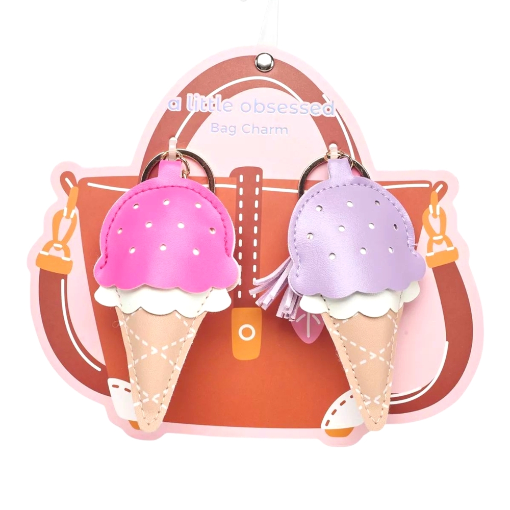 A Little Obsessed Pink & Lilac Ice Cream Cone Bag Charm Set of 2 For Tweens NWT